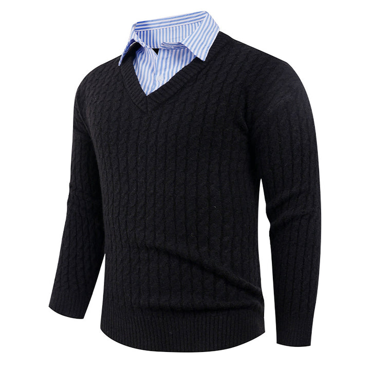 Men's knitted sweater with cable knit pattern and V-neck Lune London