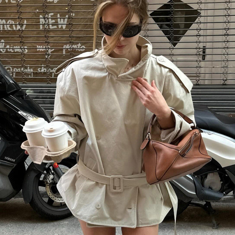 Women's short trench coat made of cotton blend with waist belt & shoulder epaulettes Amarae