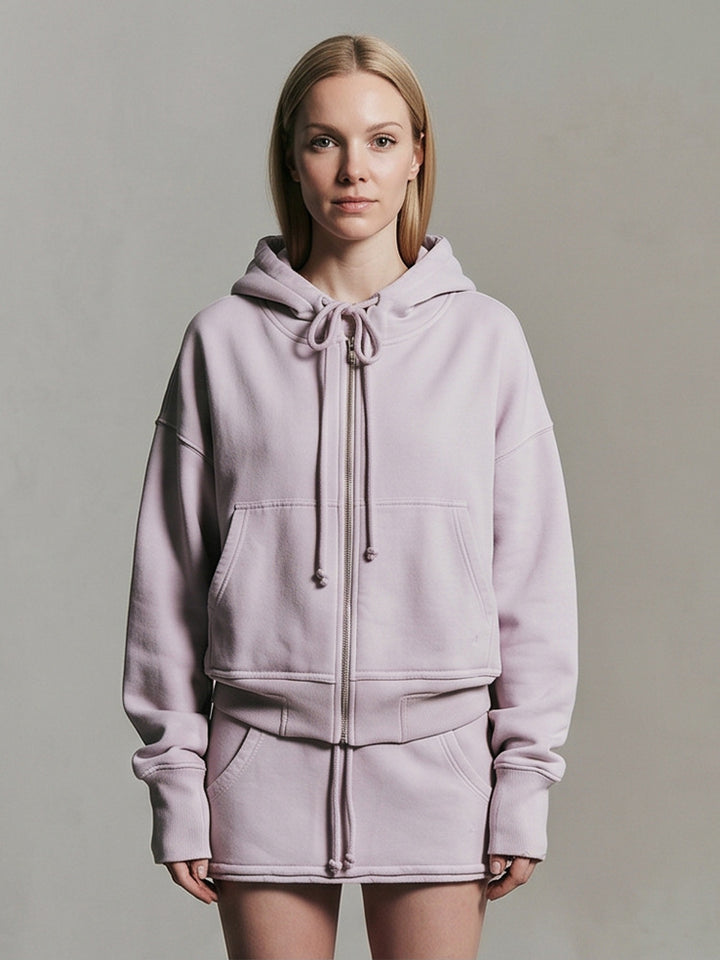 Ladies cropped hoodie sweatshirt with full zip, kangaroo pockets, and extended sleeve cuffs Amarae