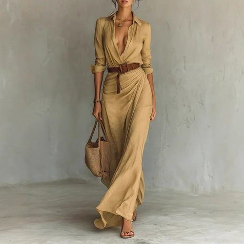 Robe maxi pour femme avec col de chemise classique et ceinture latérale Chic & Stil