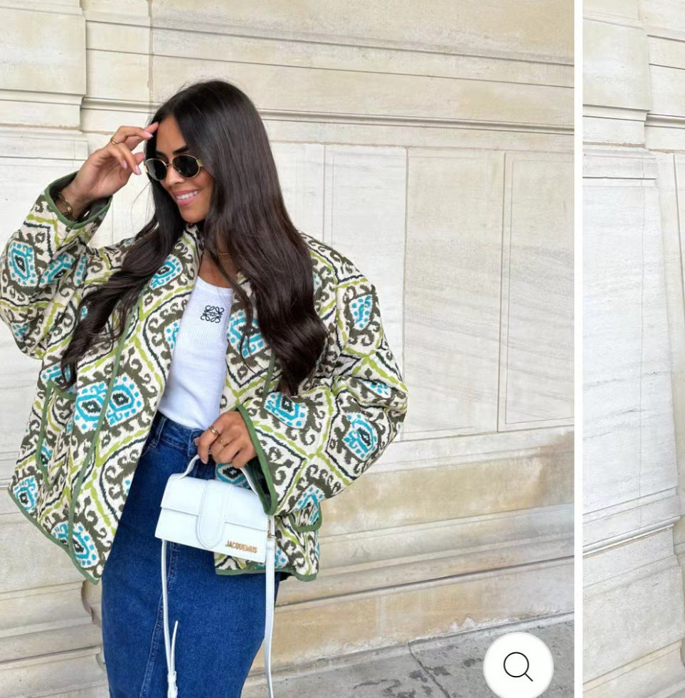 Women's Oversize Quilted Short Jacket in Kimono Style with Ethno Pattern Amarae