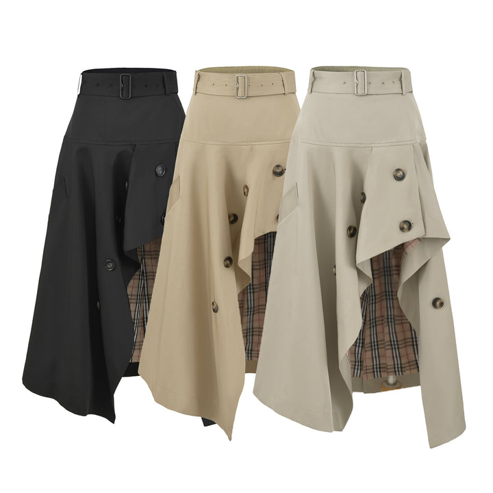 Women's Asymmetrical Trench Skirt with Waist Belt and Decorative Buttons Amarae