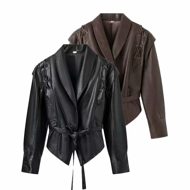 Modern faux leather jacket for women with a belted waist and elegant lace details Lune London