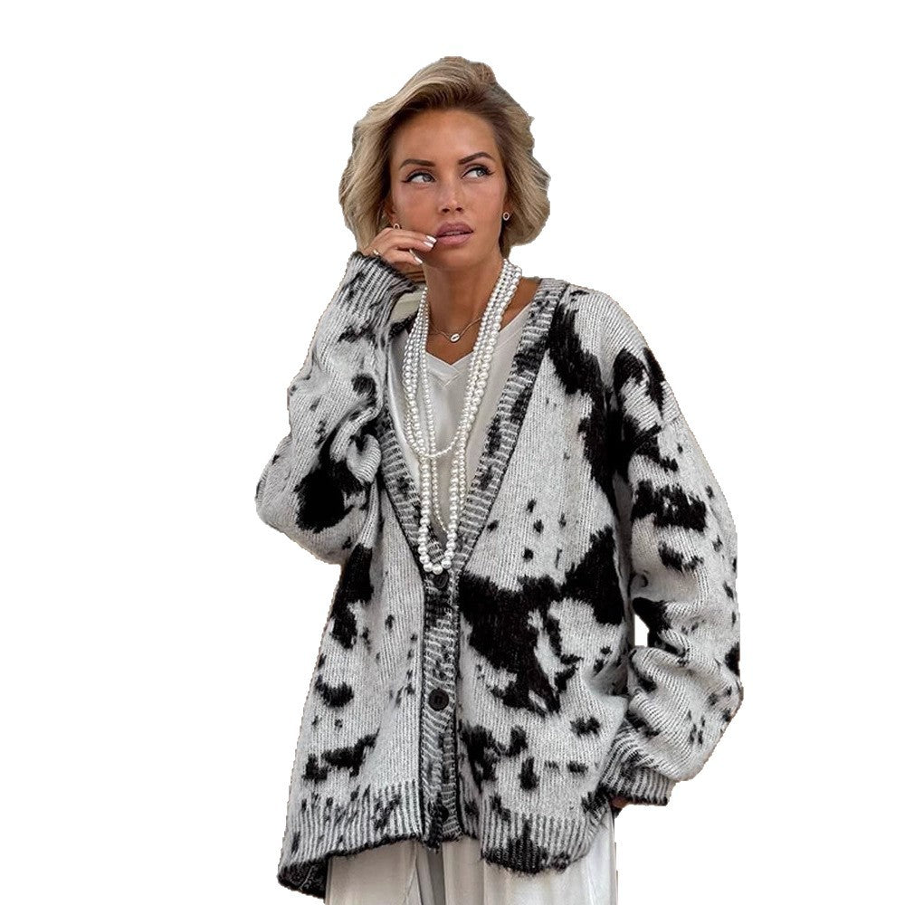 Women’s Oversized Knitted Cardigan with Tie-Dye Pattern, V-Neck and Button Placket Amarae