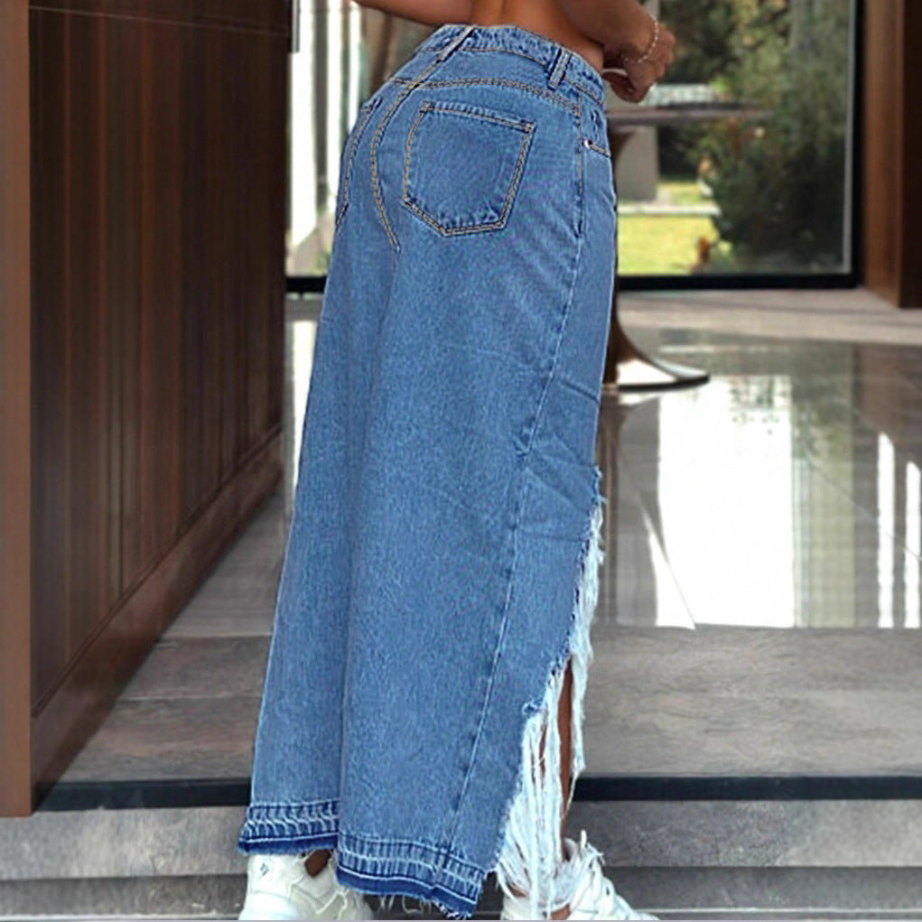 Women's High-Cut Denim Midi Skirt with Deep Front Slit, Destroyed Detail and Raw Fringe Hem Amarae