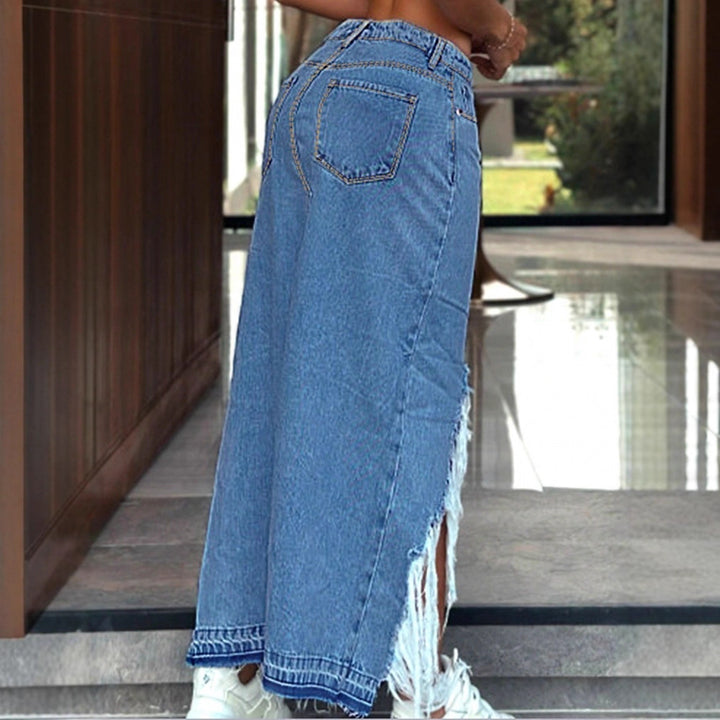Women's High-Cut Denim Midi Skirt with Deep Front Slit, Destroyed Detail and Raw Fringe Hem Amarae