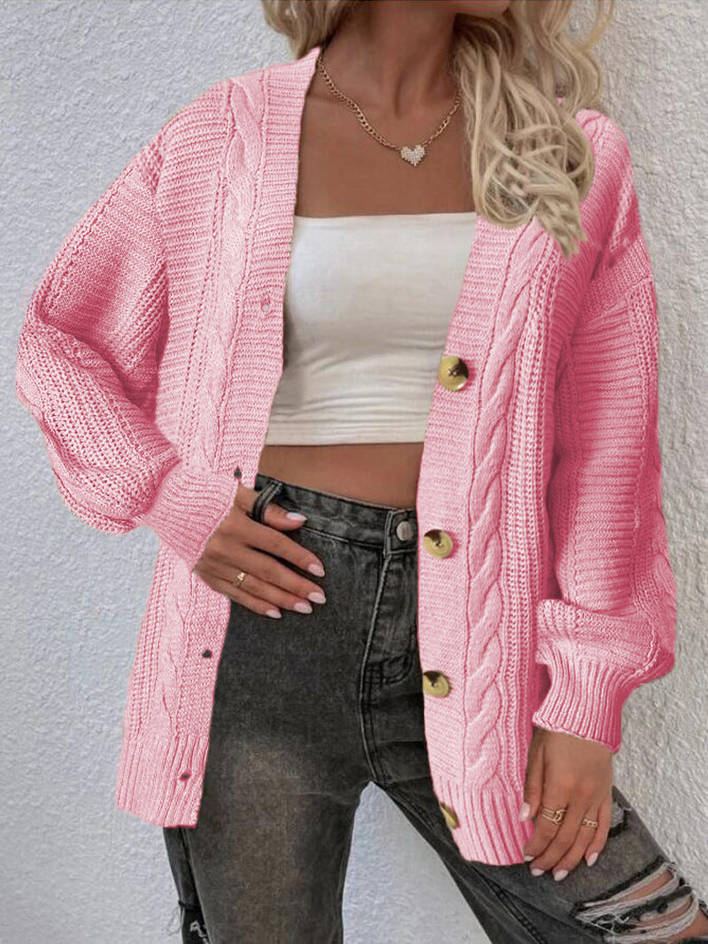 Ladies oversized knit cardigan with button details and cable pattern Lune London