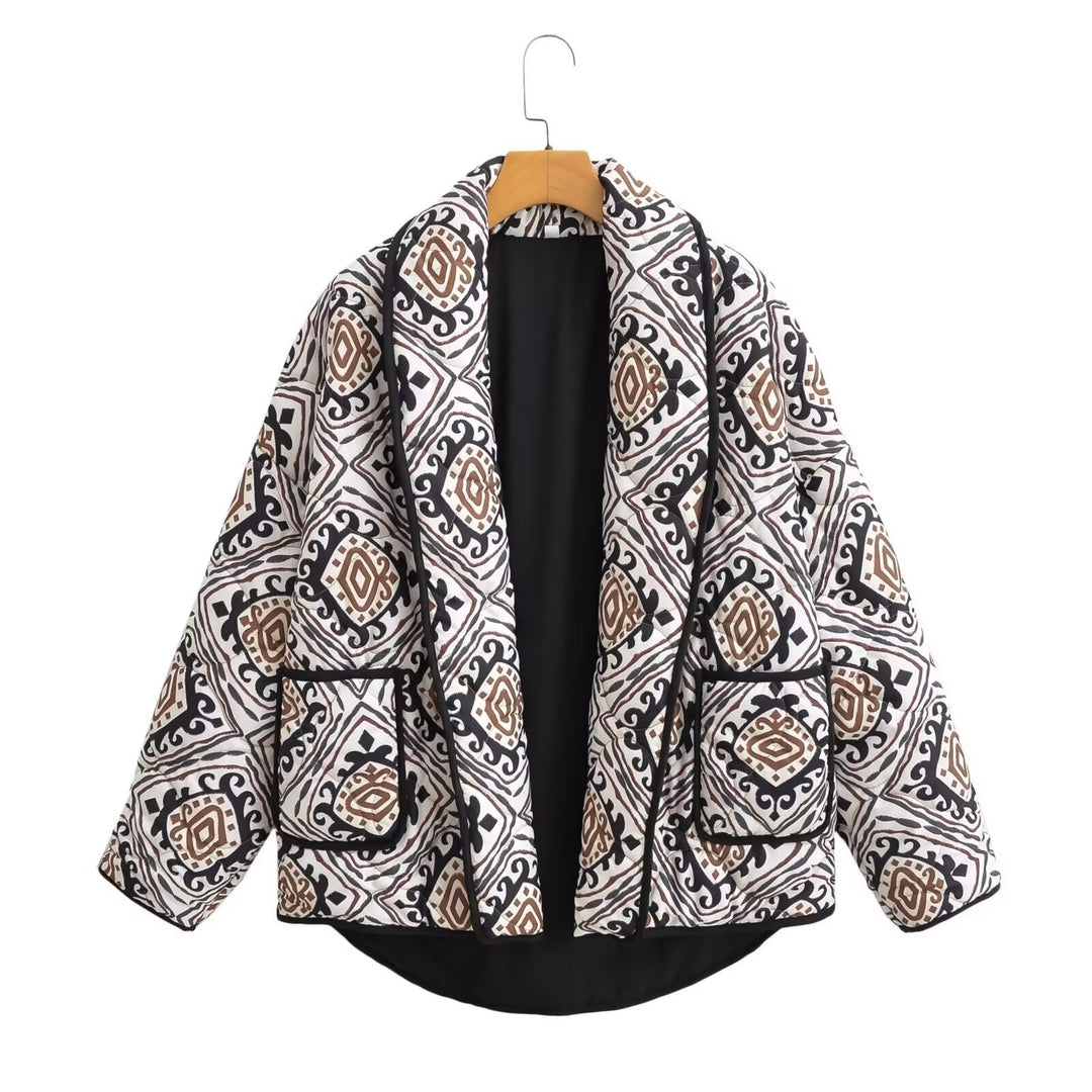 Women's Quilted Kimono Jacket with Ethno Print, Shawl Collar, and Patch Pockets Amarae