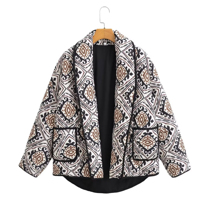 Women's Quilted Kimono Jacket with Ethno Print, Shawl Collar, and Patch Pockets Amarae