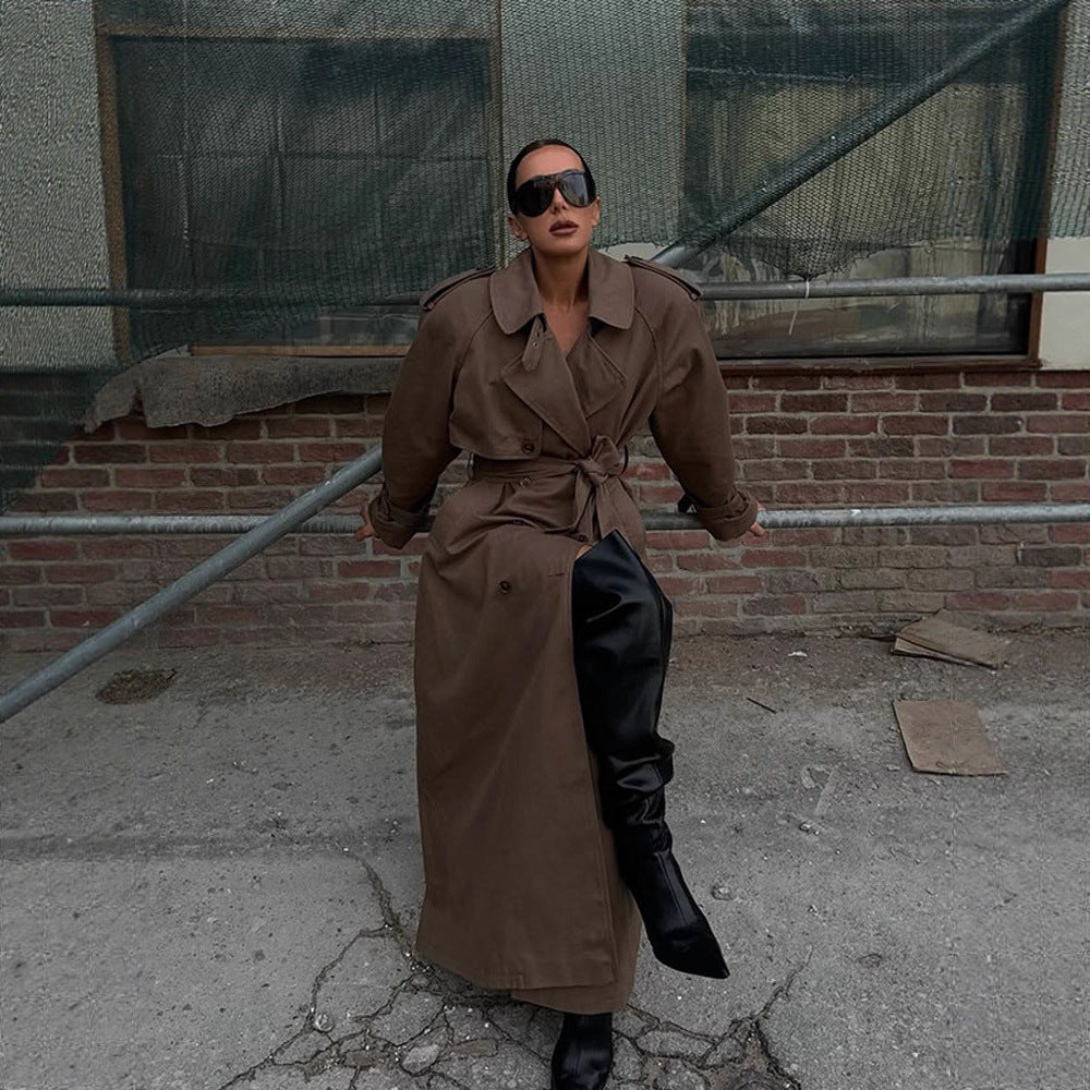 Women's Maxi Length Trench Coat with Emphasized Shoulder Section, Double Button Placket and Tie Belt Amarae