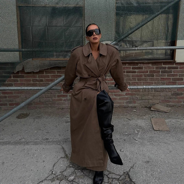 Women's Maxi Length Trench Coat with Emphasized Shoulder Section, Double Button Placket and Tie Belt Amarae