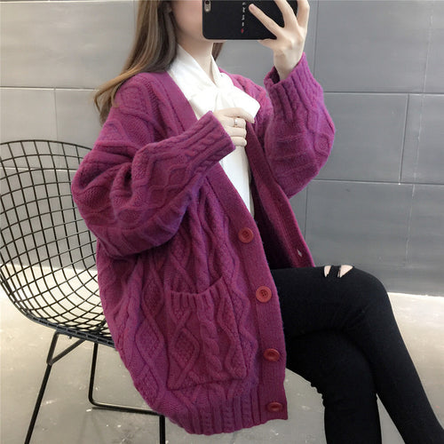 Ladies Waffle Knit Oversized Cardigan with pockets and button detail Amarae