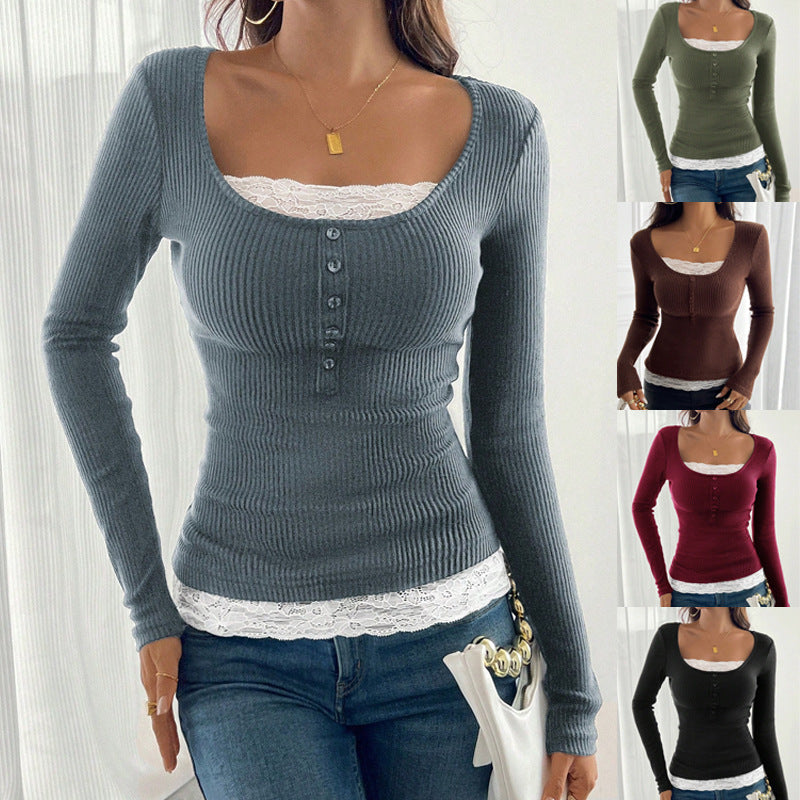Women’s ribbed top with deep scoop neckline, decorative button placket and lace insert Amarae