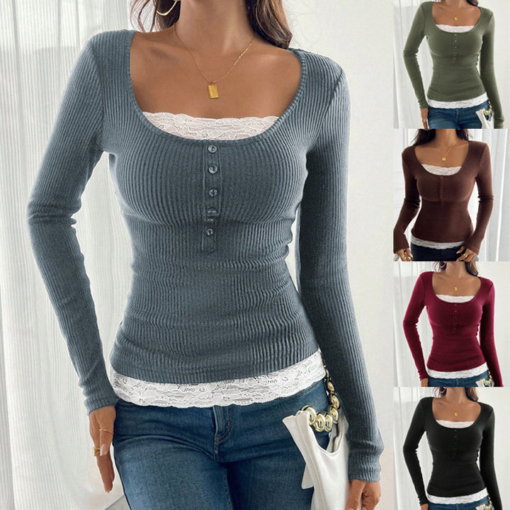 Women’s ribbed top with deep scoop neckline, decorative button placket and lace insert Amarae
