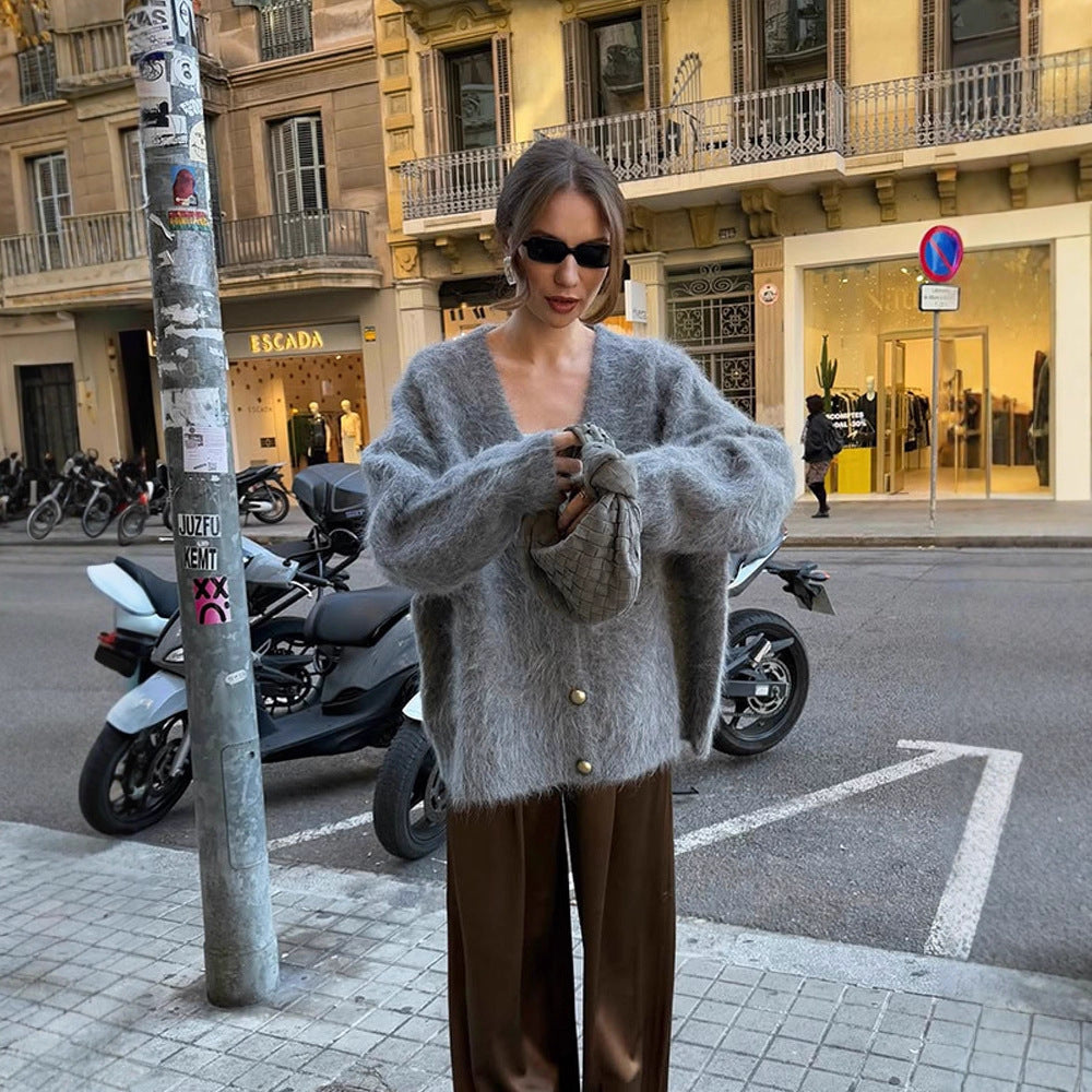 Women Fluffy Mohair-Optic Oversized Cardigan with V-Neck and Gold Decorative Buttons Amarae