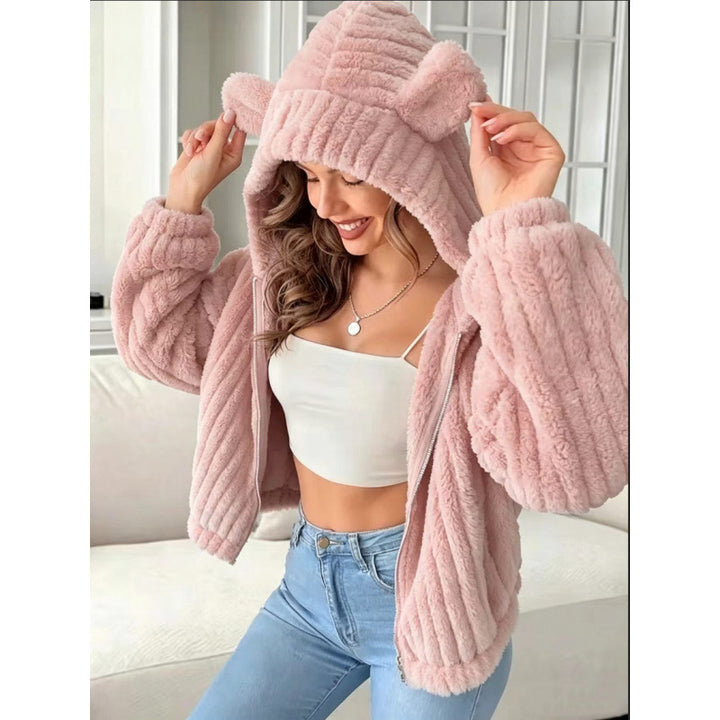 Women's Cozy Teddy Hooded Jacket with Plush Texture and Hood Ears Amarae