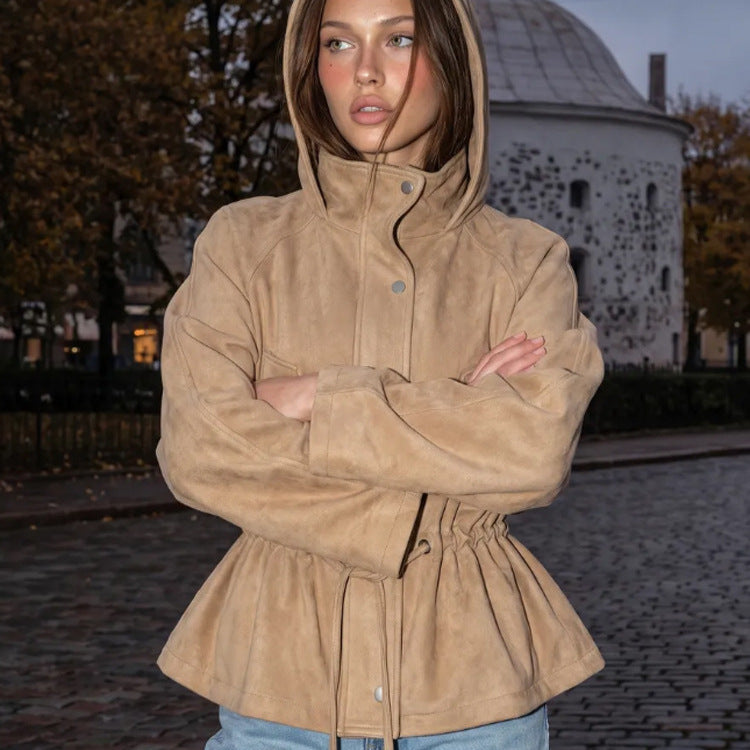 Women Short Jacket in Suede Look with Hood and Waist Drawstring Amarae