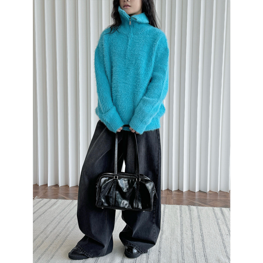 Women's fluffy stand-up collar sweater with half zipper Amarae