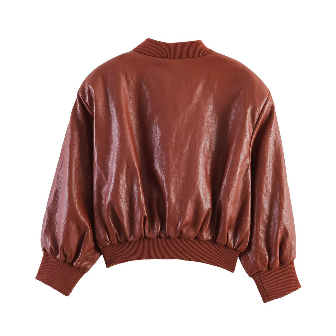 Women's Shiny Faux Leather Bomber Jacket with Ribbed Collar, Concealed Snap Button Placket and Kangaroo Pockets Amarae