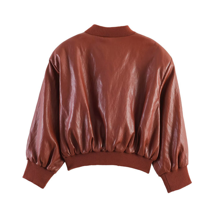 Women's Shiny Faux Leather Bomber Jacket with Ribbed Collar, Concealed Snap Button Placket and Kangaroo Pockets Amarae