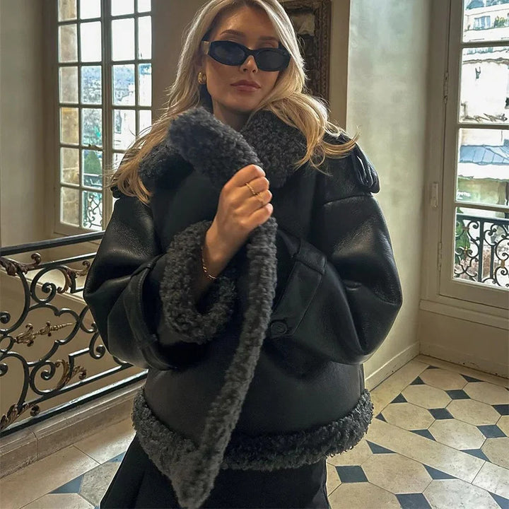 Fashionable vegan leather jacket for women with cozy fur collar and fitted belt Lune London