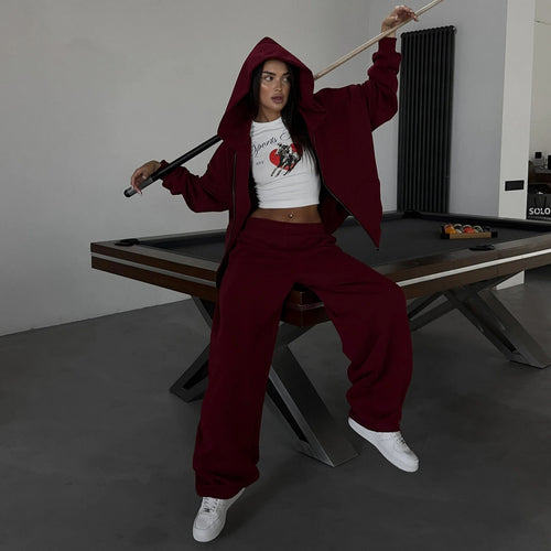 Ladies Comfortable Hooded Jacket and Wide Pants Sporty Relaxation Set Amarae
