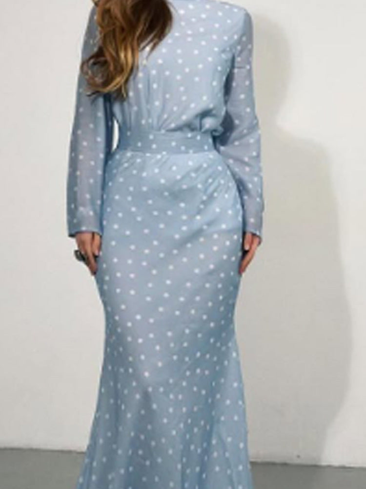 Women's maxi dress with waist-accentuating mermaid silhouette and polka dot print Amarae