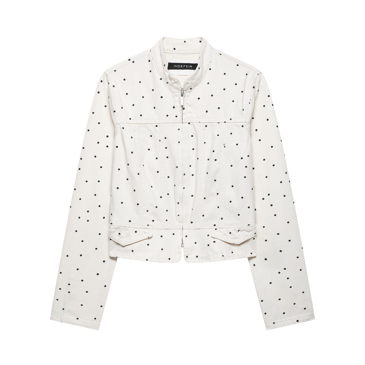 Women's Polka Dot Cropped Denim Jacket with Stand-up Collar, Zipper and Flap Pockets Amarae