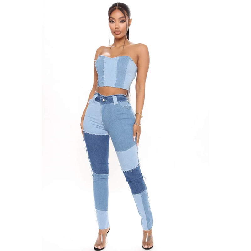 Fashionable denim pants for women with chic patchwork design.