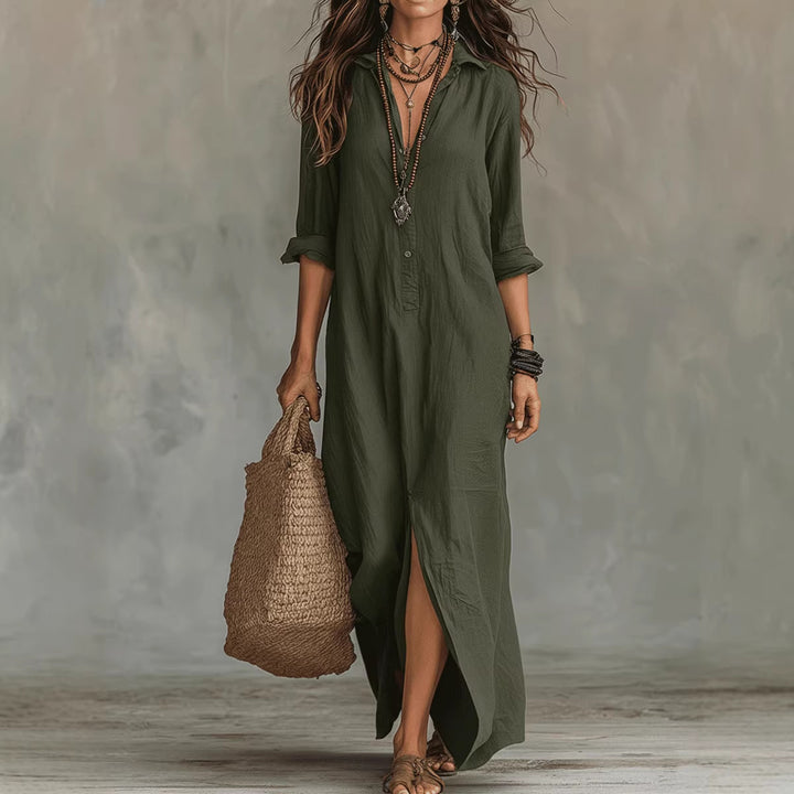 Women's Long Shirt Dress with Button Closure and Side Slit Lune London