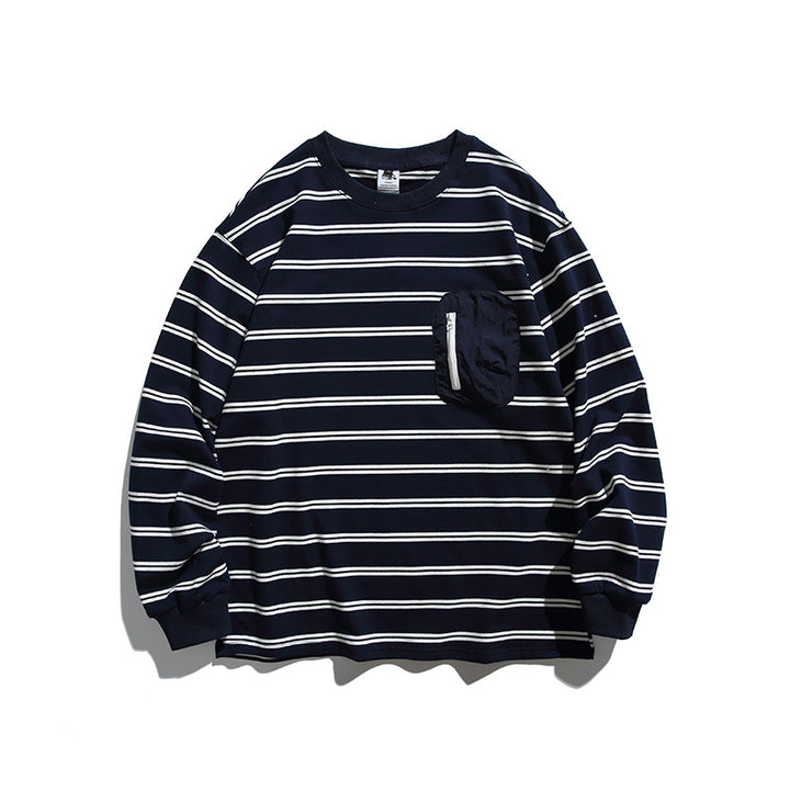 Unisex Oversize Long Sleeve with maritime stripe pattern and functional zippered chest pocket Amarae