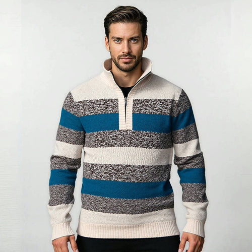 Modern knitted sweater for men with half zipper and block stripes Amarae