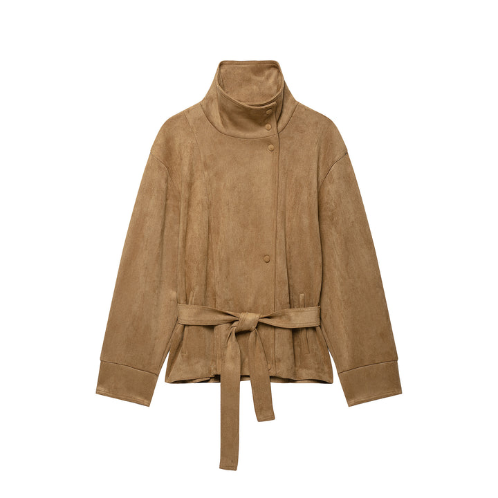 Women Short Velvet Look Jacket with High Funnel Neck, Snap Button Placket and Tie Belt Amarae
