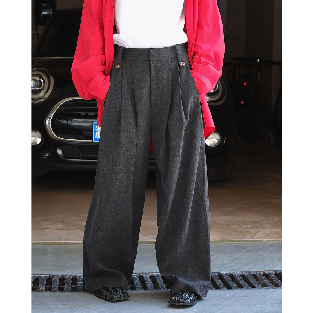 Women's High-Waisted Pleated Wide-Leg Trousers in Palazzo Look with Decorative Buttons Amarae