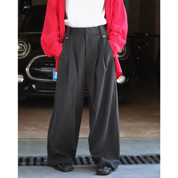 Women's High-Waisted Pleated Wide-Leg Trousers in Palazzo Look with Decorative Buttons Amarae