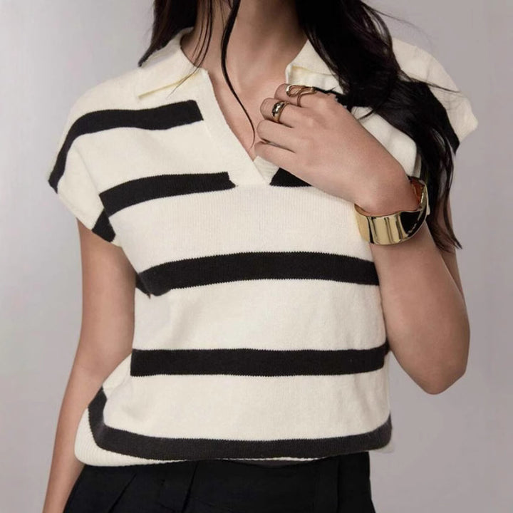 Women Short striped short sleeve sweater with polo collar Lune London