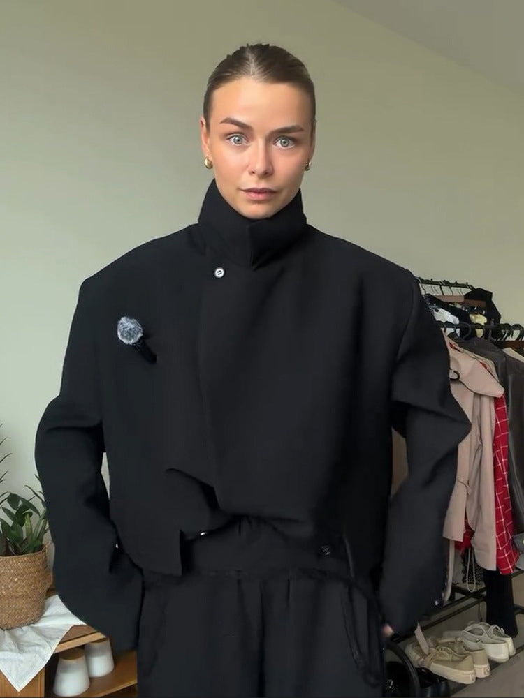 Women Asymmetric Cropped Boxy Jacket with High Stand Collar and Structured Shoulder Area Amarae