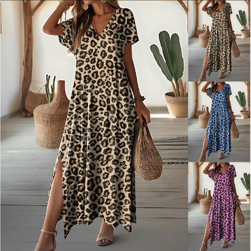 Women's Maxi Dress in Trendy Animal Print with Modern V Neck and Side Slits Amarae
