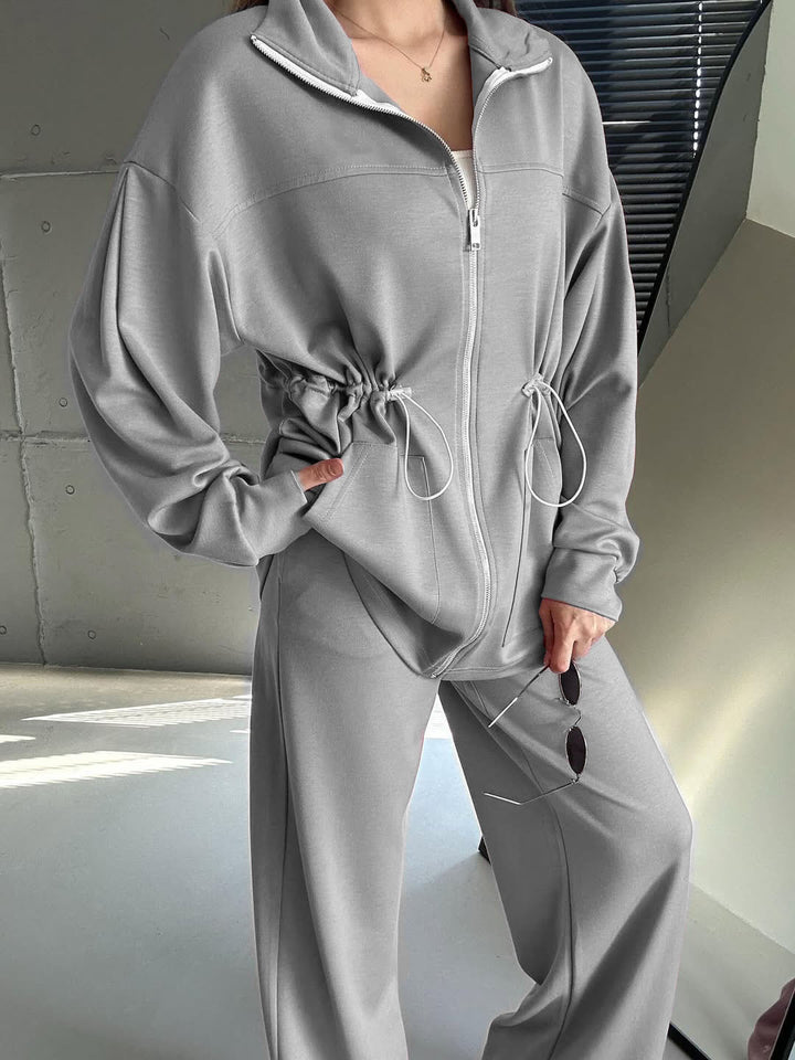 Elegant satin sports set for women with adjustable waist and high collar Lune London