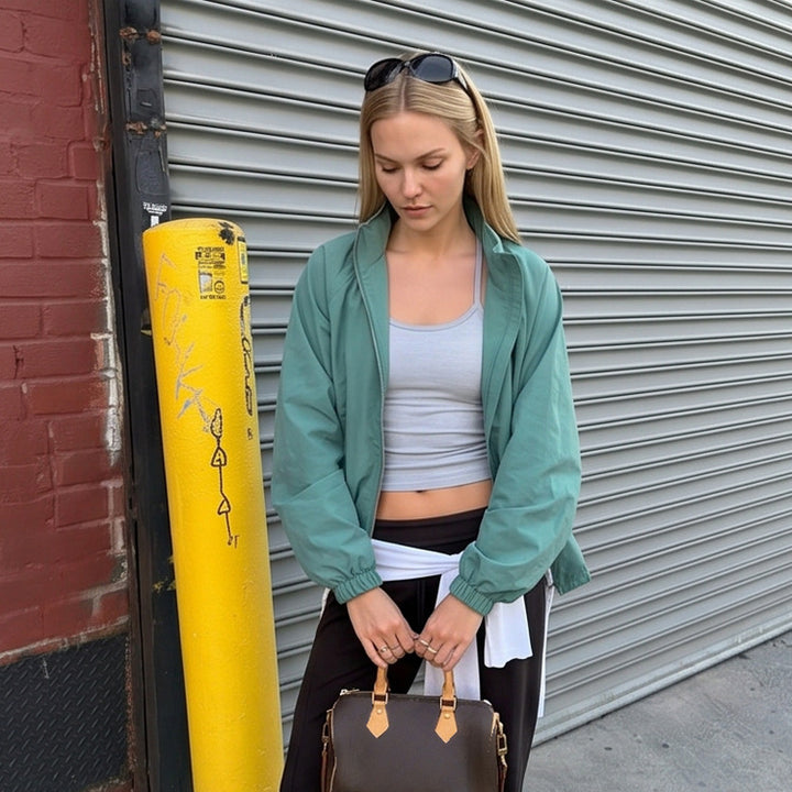 Ladies sporty-urban windbreaker with short cropped cut, high stand-up collar and elastic cuffs