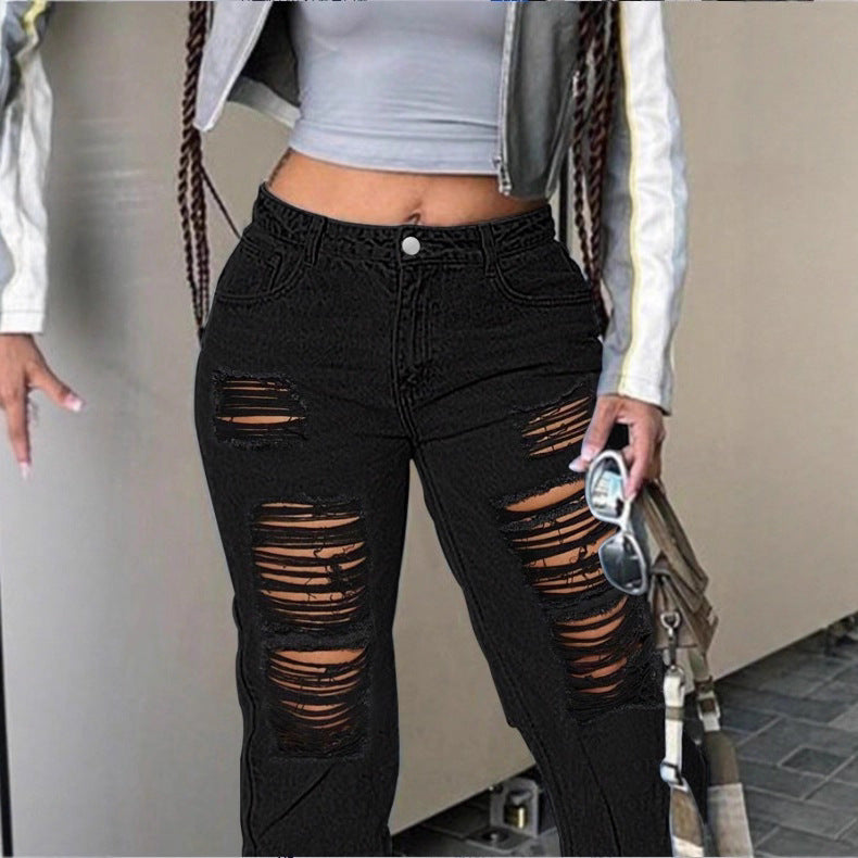 Women's high-cut wide denim jeans with pronounced ripped details and a casual fit Amarae