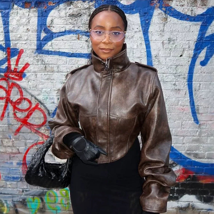 Women Cropped Faux Leather Corset Jacket with High Standing Collar and Extended Sleeves Amarae