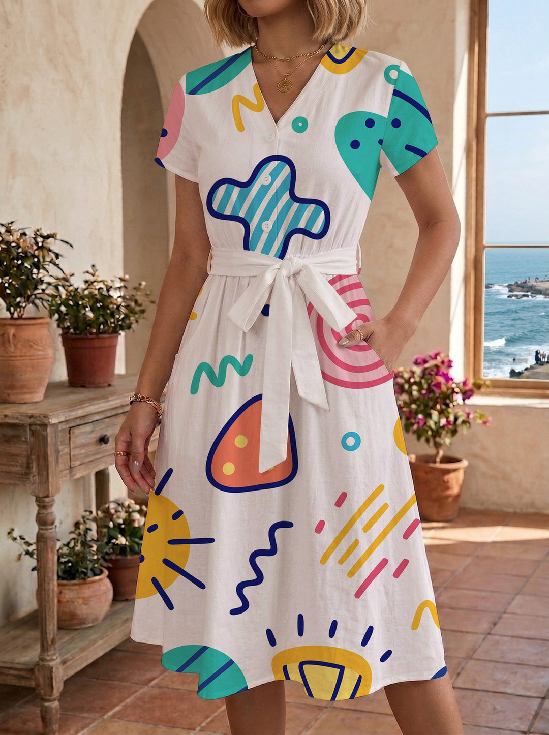 Women’s midi dress with colorful floral design and adjustable tie belt Lune London