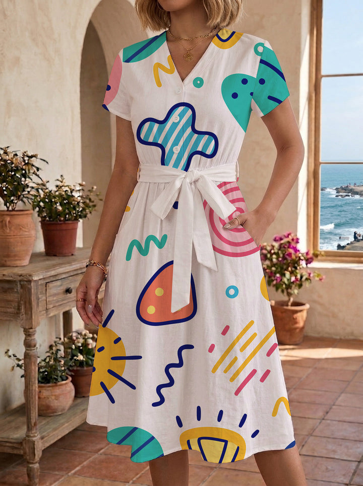 Women’s midi dress with colorful floral design and adjustable tie belt Lune London