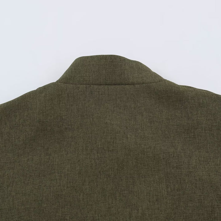 Women's Boxy Linen Blend Jacket with Stand Collar and Chinese Toggle Closures Amarae