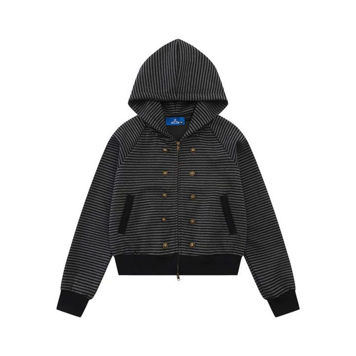 Women's striped hoodie sweatshirt jacket in navy look with double-breasted optics and front zipper Amarae