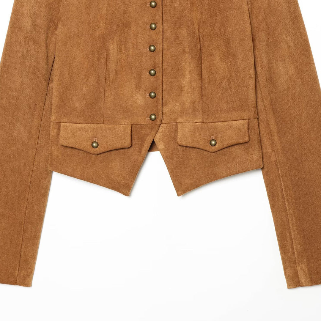 Women Short Jacket in Suede Look in Military Style with Stand-Up Collar and Asymmetrical Hem Amarae