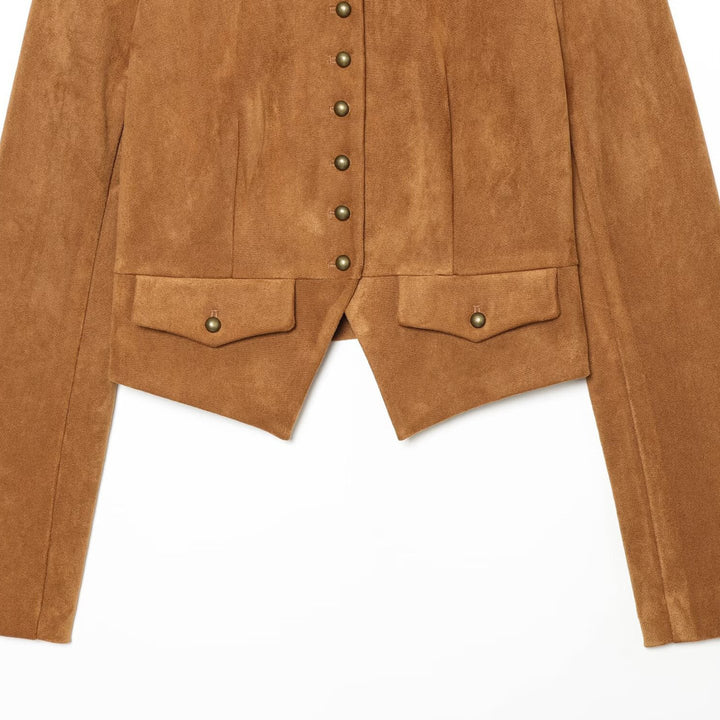 Women Short Jacket in Suede Look in Military Style with Stand-Up Collar and Asymmetrical Hem Amarae