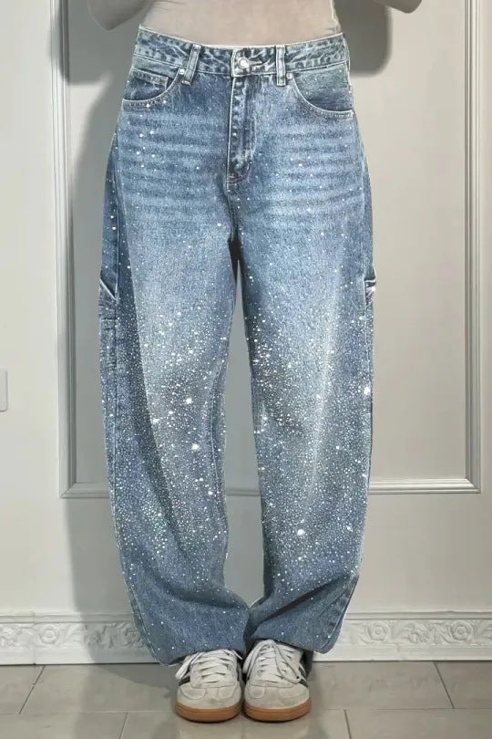 Ladies Oversized Cargo Jeans with Shimmering Detail Lune London