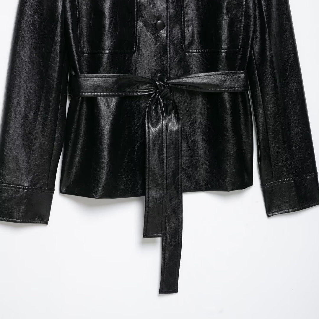 Women's fitted faux leather trench coat with stand-up collar, flapped pockets and tie belt Amarae
